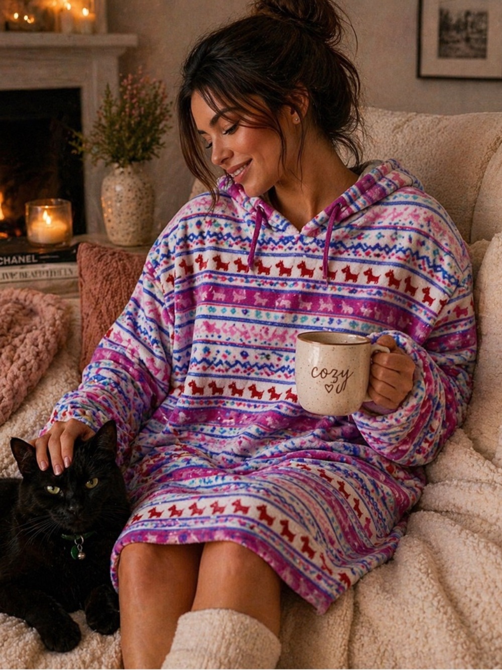Carisma Women’s Large Scotty Dog Fleece Sleepdress Hooded Nightgown Pink Cozy